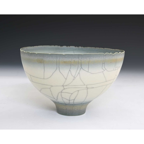 692 - David White (British, 1934-2011), a carved rim porcelain bowl, decorated with a pale grey crackle gl... 