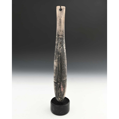 697 - Peter Hayes (British, 1946), a raku fan-tailed sculpture, mounted on a polished slate plinth, signed... 