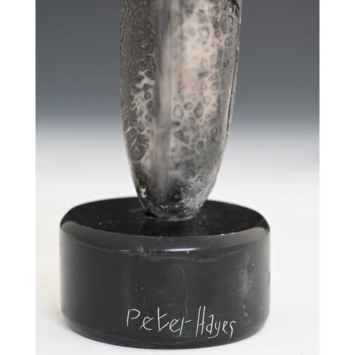 697 - Peter Hayes (British, 1946), a raku fan-tailed sculpture, mounted on a polished slate plinth, signed... 