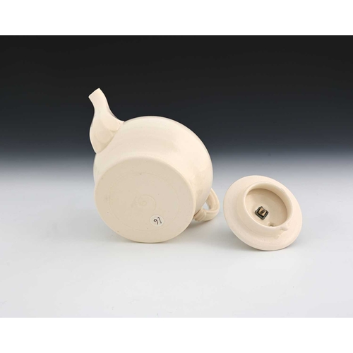 702 - Steve Harrison, a studio pottery teapot, 2001, white glazed stoneware, inverse squat baluster form, ... 