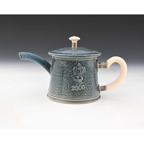 705 - Steve Harrison, a studio pottery teapot, 2000, salt glazed stoneware, squat tapered cylindrical form... 