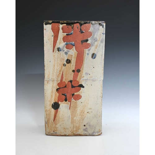 717 - John Maltby (British, 1936-2020), a tall slab-sided vase with a deep tenmoku glaze inside and poured... 