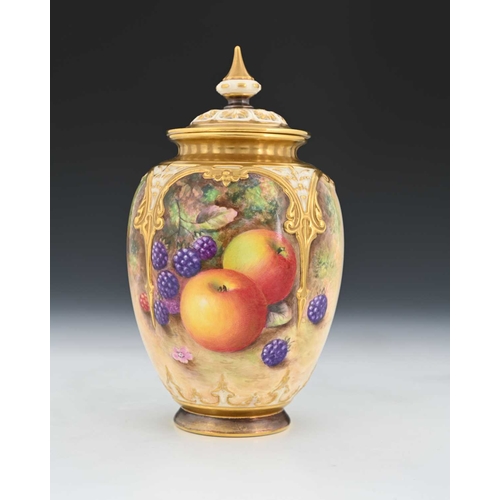 721 - H Ayrton for Royal Worcester, a fruit painted potpourri vase and cover, lobed ovoid form with relief... 