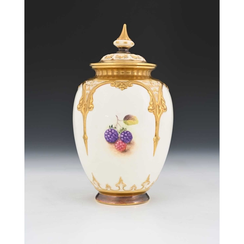 721 - H Ayrton for Royal Worcester, a fruit painted potpourri vase and cover, lobed ovoid form with relief... 