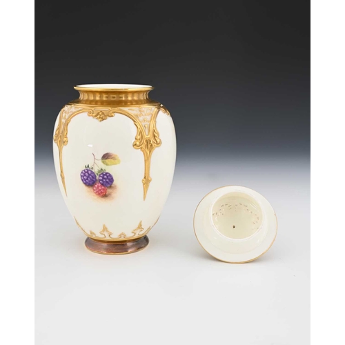 721 - H Ayrton for Royal Worcester, a fruit painted potpourri vase and cover, lobed ovoid form with relief... 