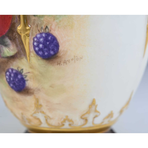 721 - H Ayrton for Royal Worcester, a fruit painted potpourri vase and cover, lobed ovoid form with relief... 