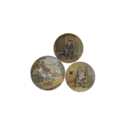 723 - Three Prattware printed pot lids including 'On Guard' and 'The Times' (3)