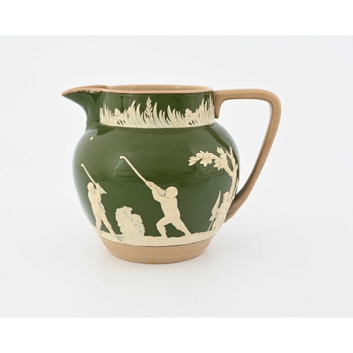 725 - A Copeland sprigged cameo Golfers jug, circa 1899, shouldered helmet form, green ground, applied wit... 