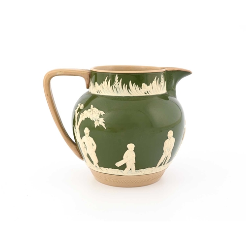 725 - A Copeland sprigged cameo Golfers jug, circa 1899, shouldered helmet form, green ground, applied wit... 