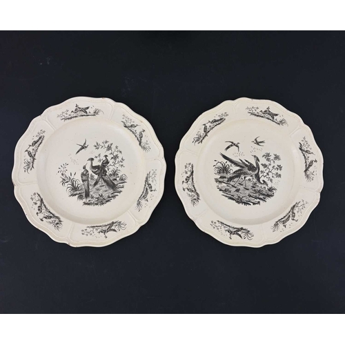 728 - A pair of Wedgwood creamware plates, circa 1770, Liverpool printed in black with fancy birds, each o... 