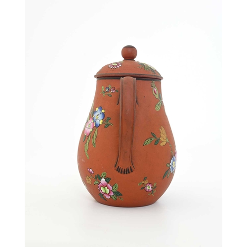 730 - A Wedgwood Capri ware coffee pot, circa 1810, terracotta ground baluster form, decorated with enamel... 