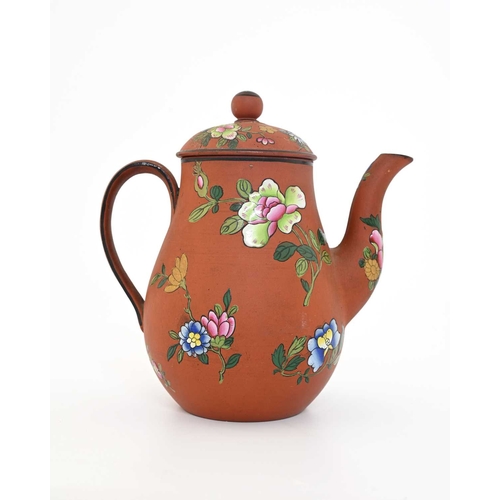 730 - A Wedgwood Capri ware coffee pot, circa 1810, terracotta ground baluster form, decorated with enamel... 