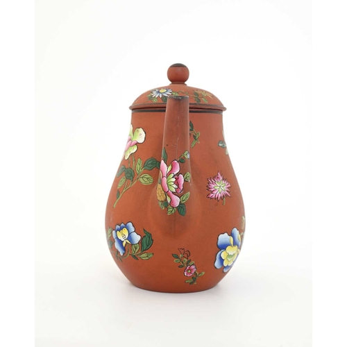 730 - A Wedgwood Capri ware coffee pot, circa 1810, terracotta ground baluster form, decorated with enamel... 