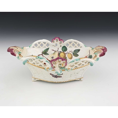 734 - A Chelsea porcelain Hans Sloane type basket, reticulated basket weave boat form, Rococo foliate scro... 