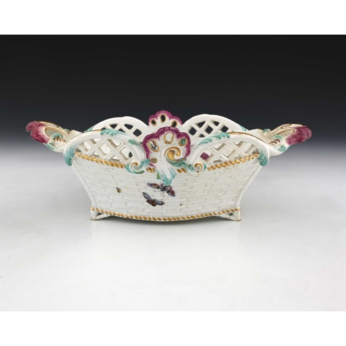 734 - A Chelsea porcelain Hans Sloane type basket, reticulated basket weave boat form, Rococo foliate scro... 