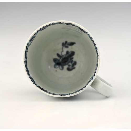 738 - Richard Chaffers, Liverpool, a blue and white porcelain coffee cup, circa 1760, relief moulded chrys... 