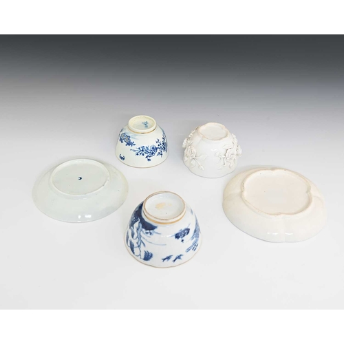 740 - English blue and white porcelain tea ware including Worcester, a soft paste florally encrusted quatr... 