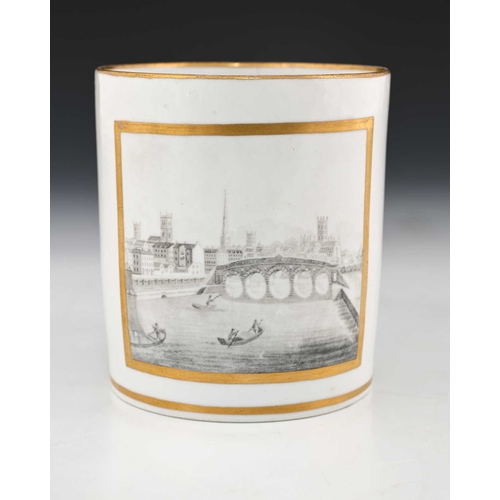 743 - A Worcester porcelain mug, circa 1800, cylindrical form, monochrome painted with a scene of the city... 