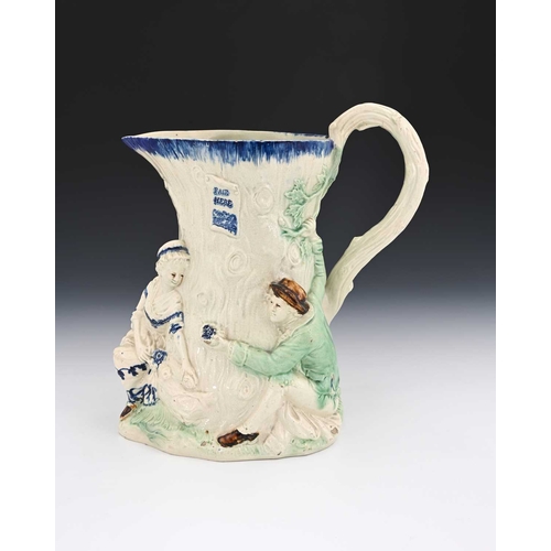 747 - A Staffordshire relief moulded jug, circa 1788, modelled in high relief as a tree stump with three p... 