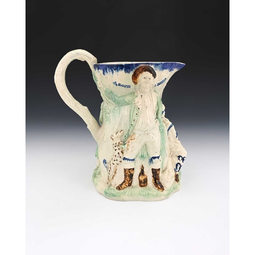 747 - A Staffordshire relief moulded jug, circa 1788, modelled in high relief as a tree stump with three p... 