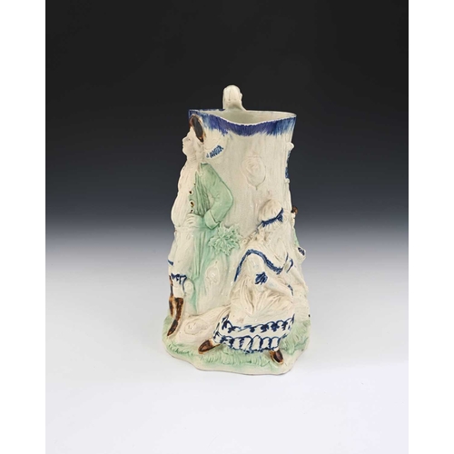 747 - A Staffordshire relief moulded jug, circa 1788, modelled in high relief as a tree stump with three p... 