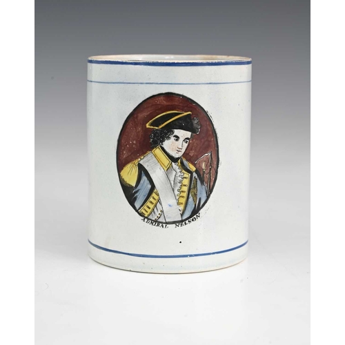 765 - A Staffordshire pottery commemorative pearlware mug, Admiral Nelson, 19th century