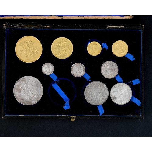 86 - Victoria gold and silver specimen coin set, 1887, including £5, double sovereign, sovereign and half... 