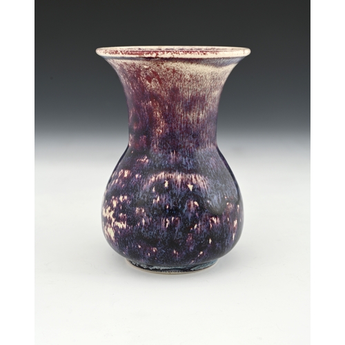 659 - Ruskin Pottery, a High Fired vase, 1920, conical bulbous form with flared trumpet neck, purple hares... 