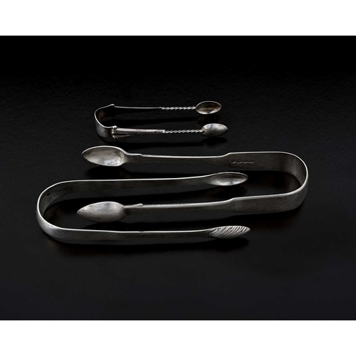 125 - Three hallmarked silver sugar tongs, to include a single pair by Richard Mills, London c.1770, and t... 