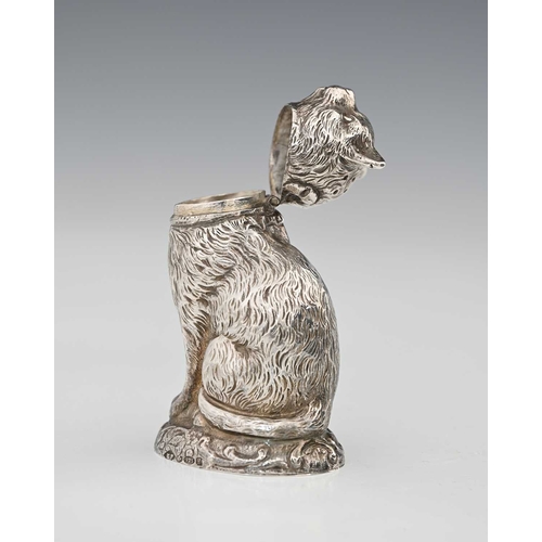 14 - A George V novelty silver pepperette, modelled in the form of a seated cat, the body decorated with ... 