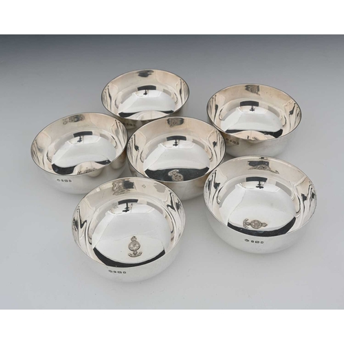 148 - Army Regimental Interest. A set of six George V silver bowls, each of globular form with rounded bas... 