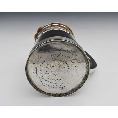 152 - An eighteenth-century George III silver tankard, of flared cylindrical form, the body with coopered ... 