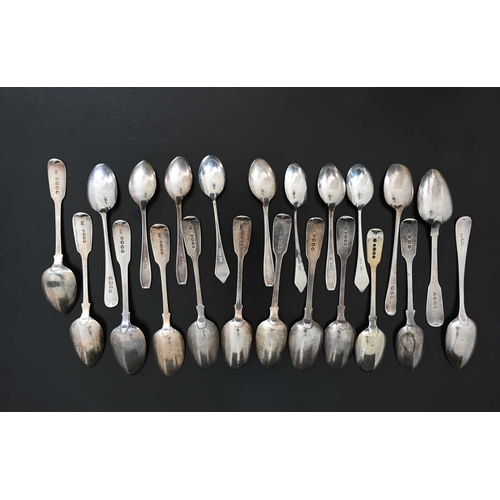 27 - A group of English hallmarked silver teaspoons, to include fiddle, dog nose, and Old English pattern... 