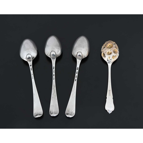 38 - Three eighteenth-century silver Old English pattern feather edge tablespoons, c.1770, together with ... 