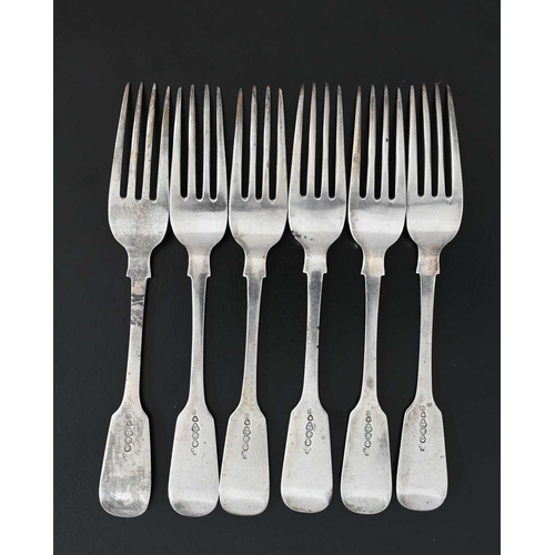 47 - A set of six Victorian English provincial silver fiddle pattern forks, each with initial 'N', or sim... 