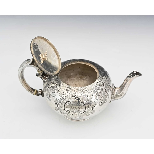 57 - A Victorian silver teapot, of globular form, the body decorated with trellis work, Rococo style scro... 