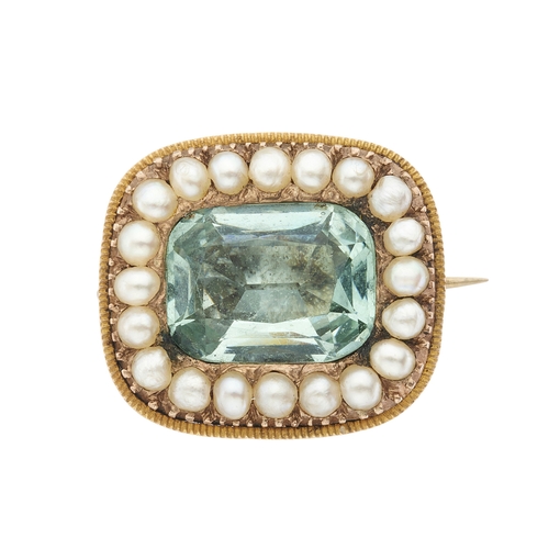 1 - A 19th century gold foil-back aquamarine and split pearl cluster brooch, length 1.9cm, 3.9g