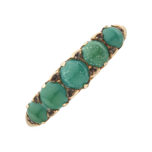 10 - A late Victorian 18ct gold turquoise cabochon five-stone ring, band stamped 18ct, ring size P, 3.8g