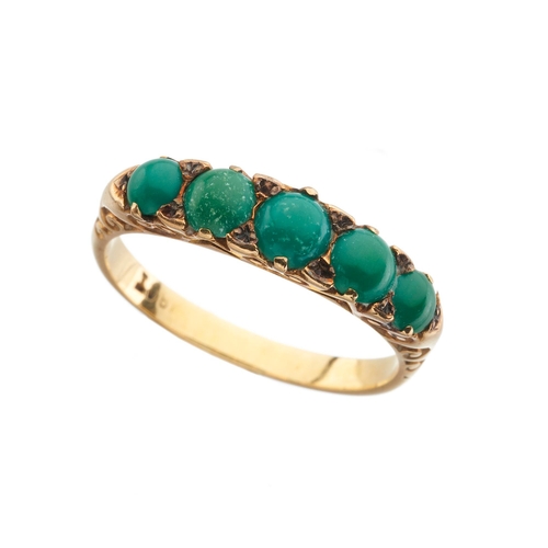 10 - A late Victorian 18ct gold turquoise cabochon five-stone ring, band stamped 18ct, ring size P, 3.8g