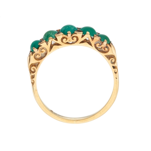 10 - A late Victorian 18ct gold turquoise cabochon five-stone ring, band stamped 18ct, ring size P, 3.8g