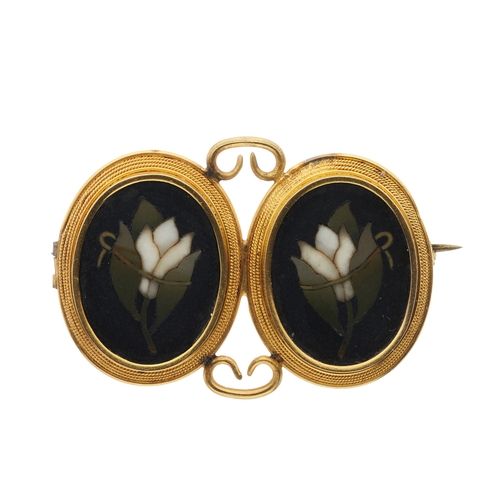 12 - A mid 19th century gold pietra dura floral brooch, designed as two oval panels, depicting white tuli... 