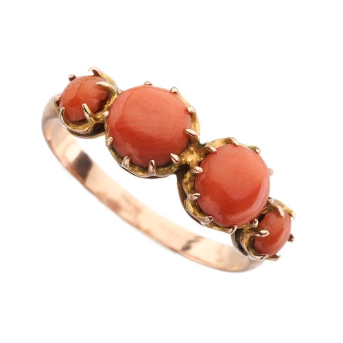 13 - A 19th century gold graduated coral cabochon four-stone ring, ring size Q, 2.5g