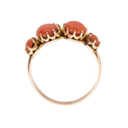 13 - A 19th century gold graduated coral cabochon four-stone ring, ring size Q, 2.5g