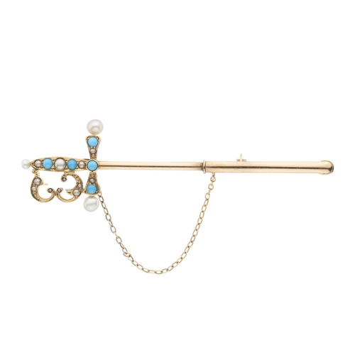 133 - An Edwardian gold turquoise and pearl jabot pin brooch, designed as a sword, length 8.2cm, 6g