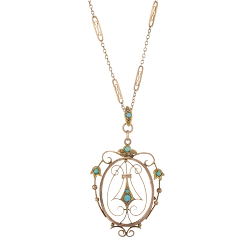 135 - An early 20th century 9ct gold turquoise and split pearl openwork pendant, suspended from a 9ct gold... 