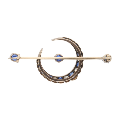 141 - A late Victorian gold sapphire and diamond crescent bar brooch, estimated total diamond weight 0.60c... 