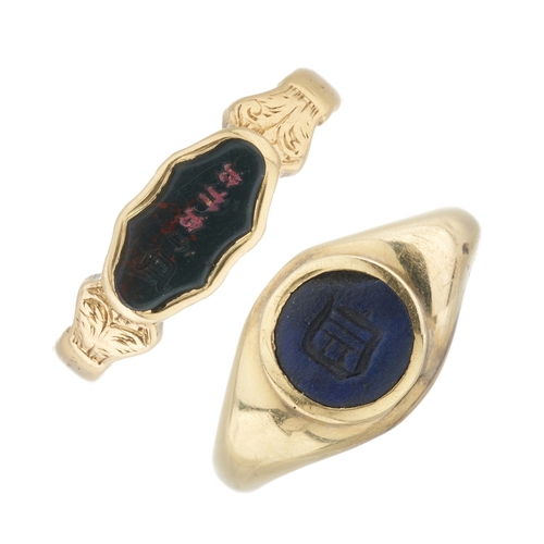 142 - Two 19th century gold hardstone intaglio seal signet rings, one carved with monogram, one carved to ... 