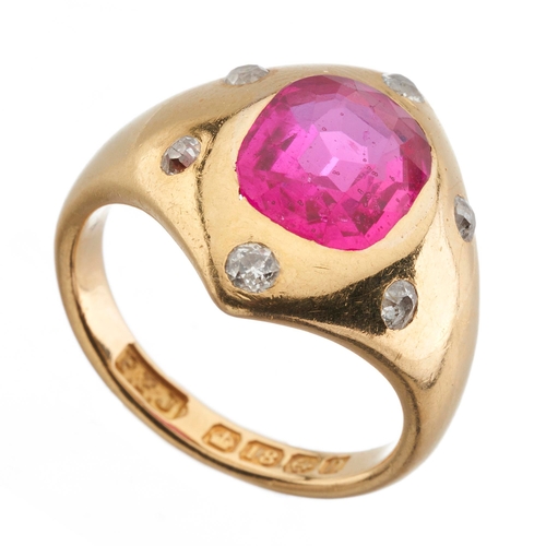 153 - An early 20th century 18ct gold synthetic ruby and old-cut diamond band ring, estimated total diamon... 