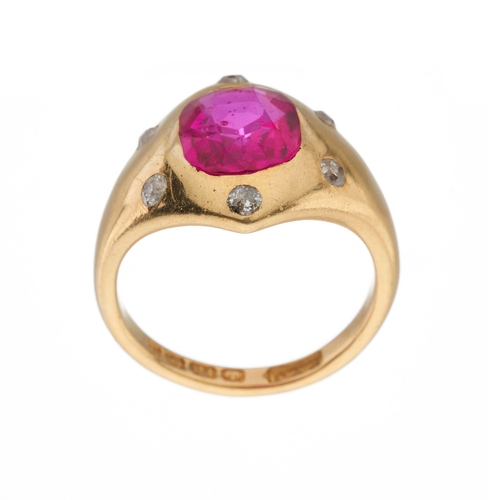 153 - An early 20th century 18ct gold synthetic ruby and old-cut diamond band ring, estimated total diamon... 