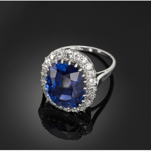 154 - An exceptional early 20th century platinum Sri Lankan cushion-shape sapphire and old-cut diamond clu... 